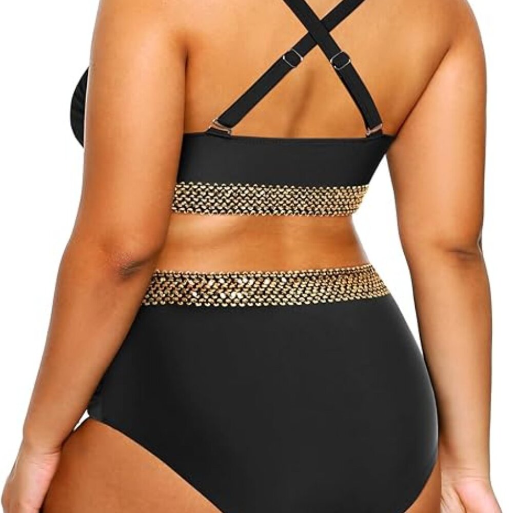 Yonique Brand NWT Women's size 16W Black & Gold High Waisted Bikini Swimsuit - Picture 3 of 5